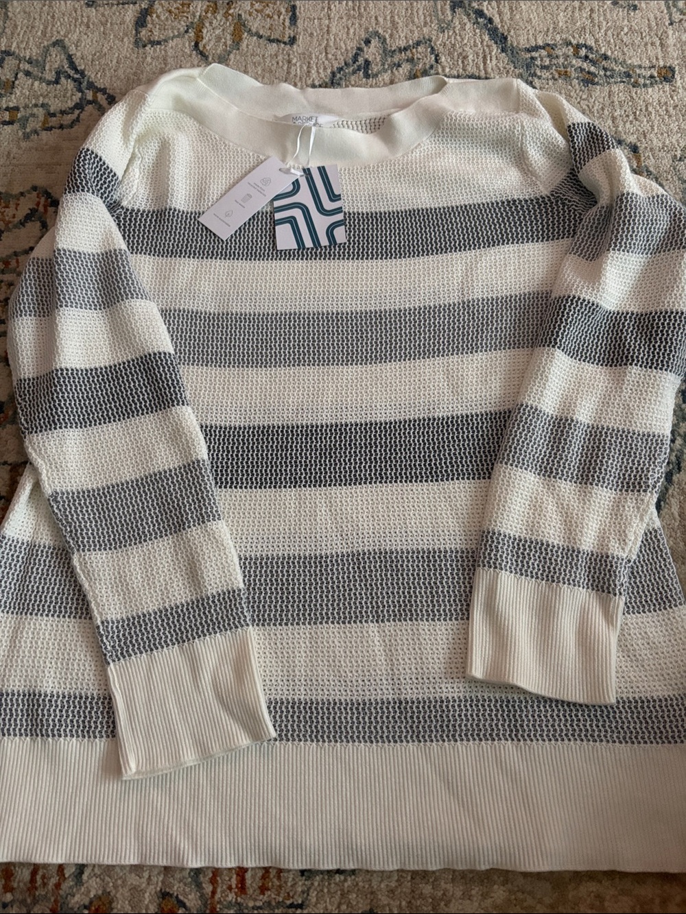 Market & Spruce Striped Crewneck Sweater in White and Gray
